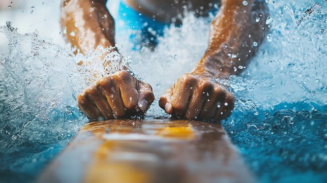 Close up shot of a surfer's hands gripping surfboard while in the water creates a dynamic splashing and exhilarating surfing experience