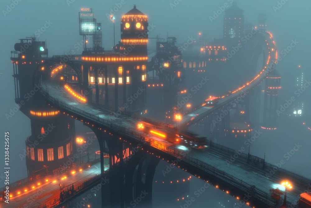 Poster mysterious city skyline at night with glowing structures and a winding train track in the fog