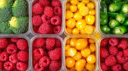 Glass-like plastic storage bins packed with colorful produce, bright red raspberries, cherry tomatoes, green broccoli, and yellow peppers, clean and refreshing aesthetic