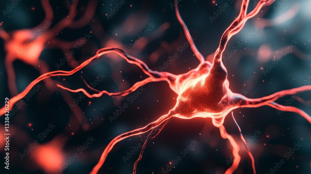 Poster close-up view of a neuron with glowing axon and dendrites against a dark background