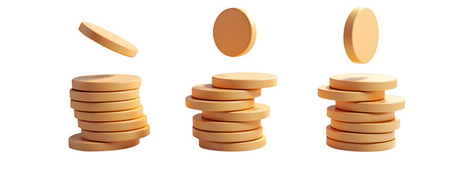 Stacked coins in various positions, illustrating motion and balance. cut out,isolated, transparent background