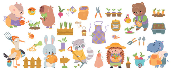 Animals working in garden. Cute animal watering plants, harvesting vegetables and fruits. Cute bear hedgehog raccoon rabbit. Garden nowaday vector characters