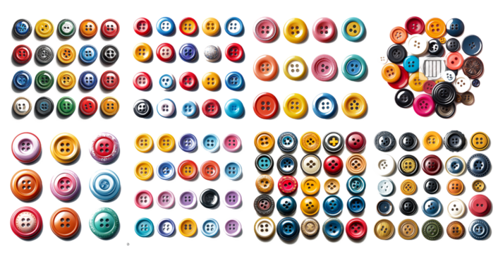 Collection of Assorted Buttons in Various Shapes Sizes and Styles isolated on Transparent PNG