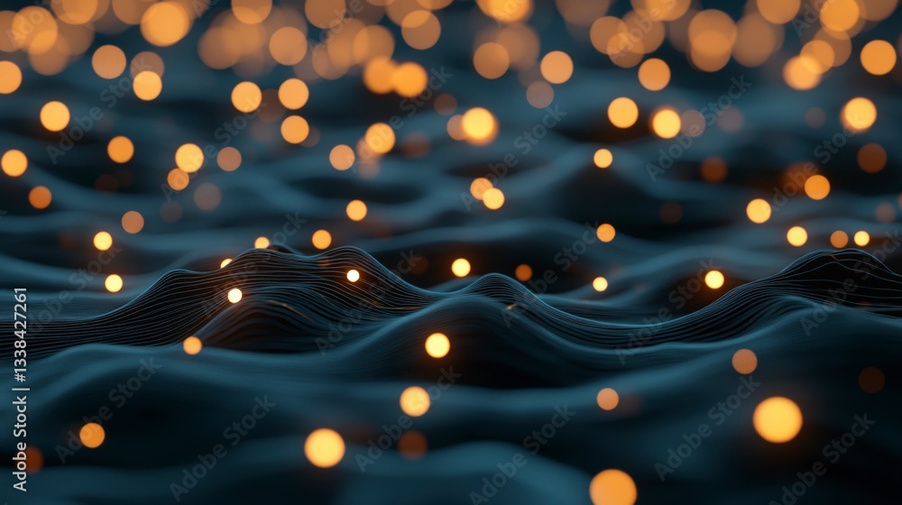 Poster abstract waves with glowing orbs creating enchanting light patterns in a dark setting