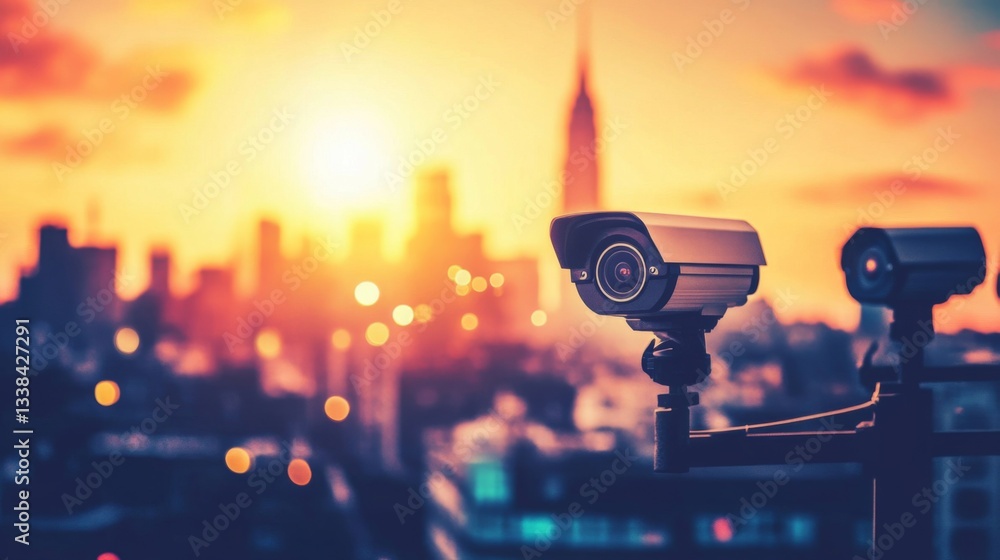 Poster An artistic view of multiple CCTV cameras installed on a building facade, showcasing a network of security systems against a vibrant city skyline.