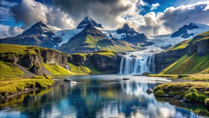Obraz premium A serene glacier lake surrounded by majestic waterfalls and towering volcanic peaks in Iceland's vast wilderness , icelandic wilderness, scenic landscape
