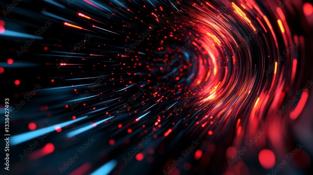 Poster dynamic light stream with red and blue particles in abstract space environment