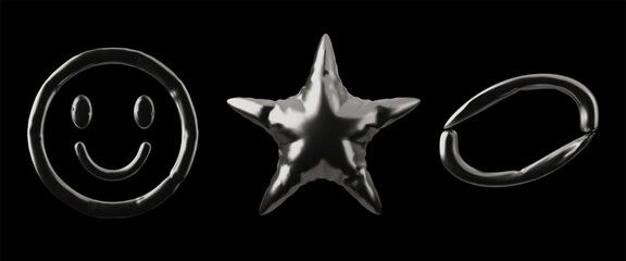 Obraz premium 3d vector set of inflatable abstract shapes, in chrome color on isolated black background.