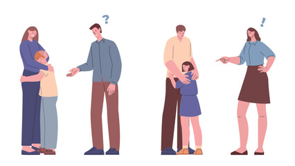 Fototapeta premium Parents scold and support children. Father mother shout at child, hug crying girl and boy. Education, empathy and help scenes. Family neoteric vector scenes