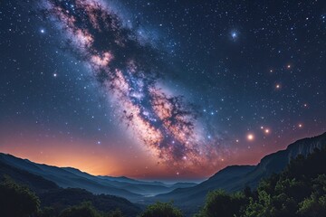 Fototapeta premium Galactic Serenity Enchanted Night Sky with Milky Way and Starry Landscape