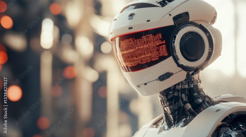 Poster futuristic robot with glowing display and sleek design in a high-tech environment