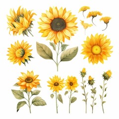 A collection of yellow sunflowers in various stages of growth