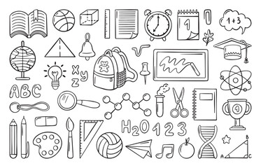 School doodle elements. Globe books notebook calendar alarm clock. Hand drawn study icons, stationery and equipment for learning, neoteric vector set