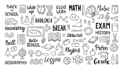 Back to school lettering. Handwritten text biology math physics, lessons titles, positive phrases. Doodle education symbols, neoteric vector icons