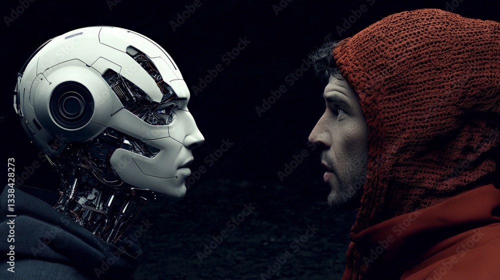 Poster humanoid robot ai future tech man machine cyberpunk concept