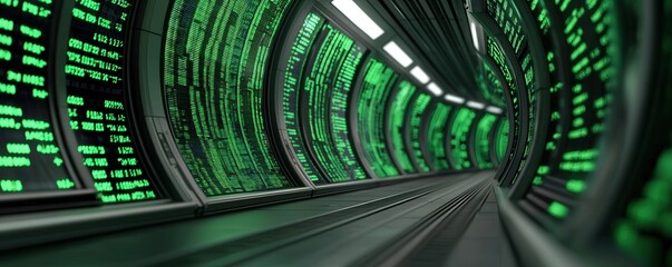 Markets Impact commodities analysis concept. Futuristic tunnel with glowing green data streams on walls.