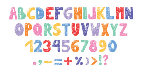 Crayon kids letters. Bright childish style alphabet numbers and marks. Color chalks scribbles abc. Kindergarten or preschool letter, neoteric vector set