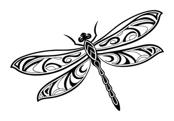 Tribal Dragonfly Tattoo – Elegant and Detailed Black and White Vector Illustration