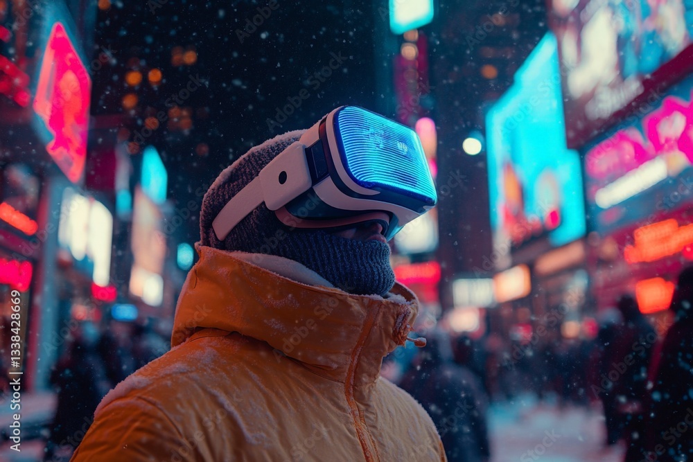 Poster person experiences virtual reality during a snowy evening in times square with vibrant neon lights i