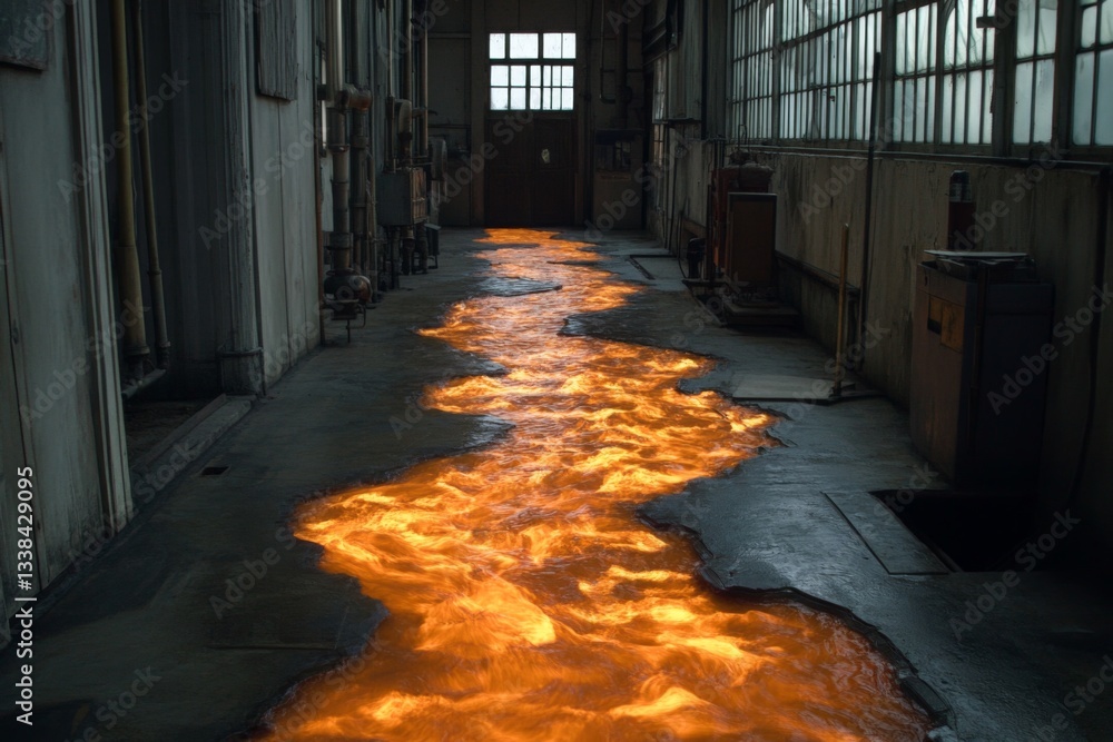 Poster Mysterious hallway features glowing lava-like flow amidst industrial architecture in an abandoned building