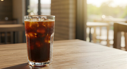 An iced coffee in a glass, condensation forming as it sits on a wooden table in a sunny café.