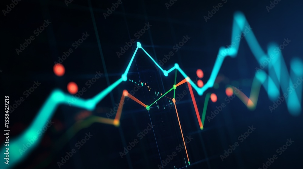 Poster an engaging financial graph with multiple line trends intersecting, representing various business me