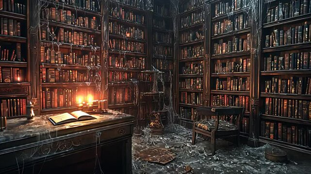 Abandoned Library with Dusty Bookshelves, Spiderwebs, and Flickering Candlelight

