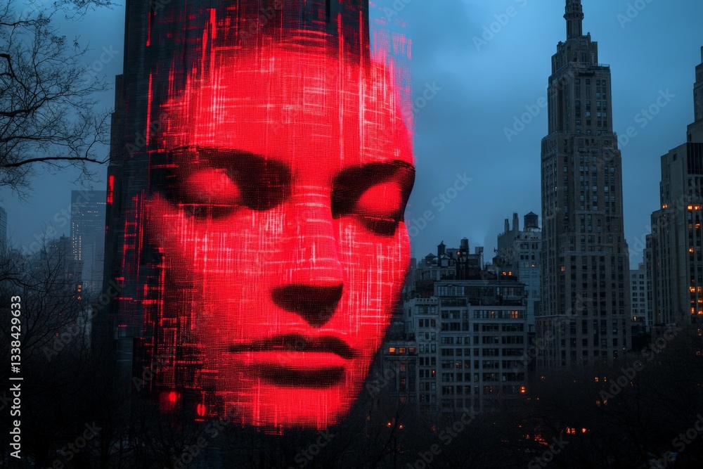 Aufkleber Large red digital face displayed on a building in a cityscape during twilight hours