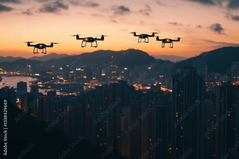 Poster drones fly over the illuminated skyline of hong kong during a colorful sunset
