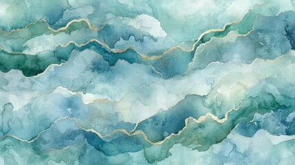 Abstract Watercolor Background With Teal Blue Green And Gold Metallic Waves With Swirls Fluid Art Design For Decorative Surface Patterns And Texture In Elegant Style Premium Nature Inspired Image