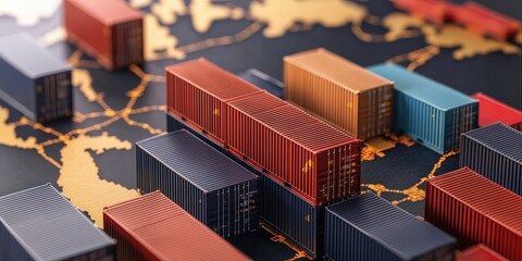 Markets Impact commodities analysis concept. Shipping containers arranged on a map, symbolizing global logistics.