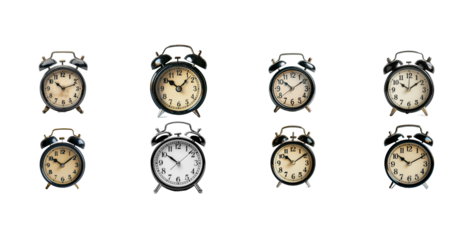 Collection of Eight Vintage Alarm Clocks Showing Different Times isolated on Transparent PNG
