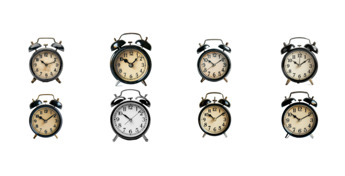 Collection of Eight Vintage Alarm Clocks Showing Different Times isolated on Transparent PNG
