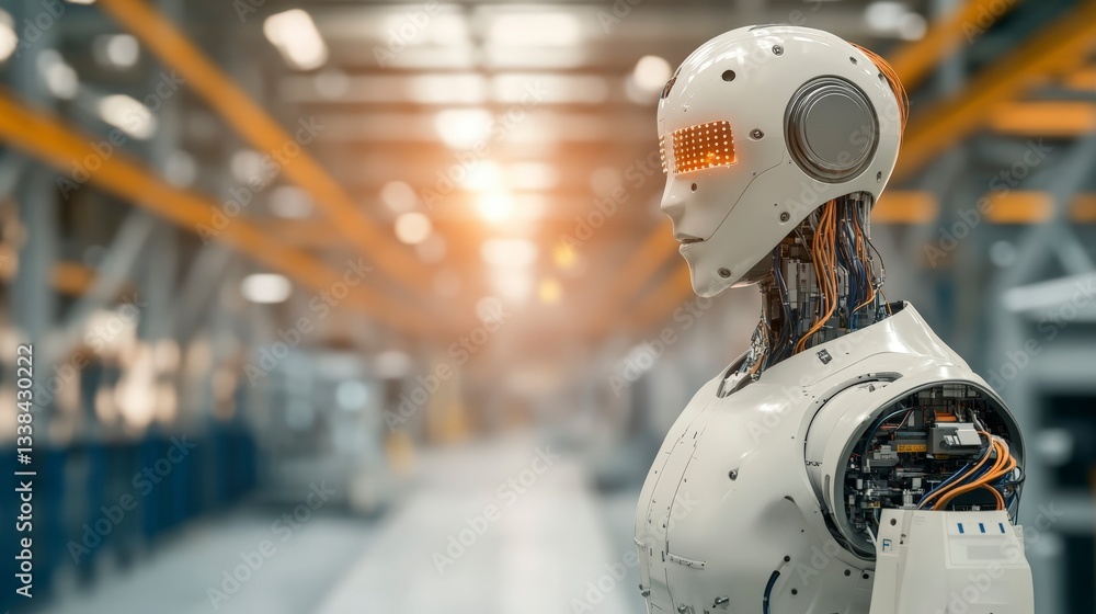 Poster advanced humanoid robot with glowing features in modern industrial setting showcasing technology
