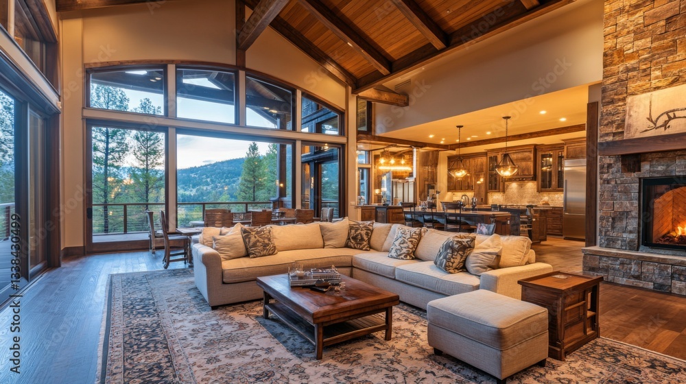 Poster an inviting living room with a large sectional sofa, a soft rug underfoot, and ambient lighting from