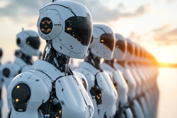 Fototapeta premium Futuristic robots standing in formation at sunset near a coastal area showcasing advanced technology and design