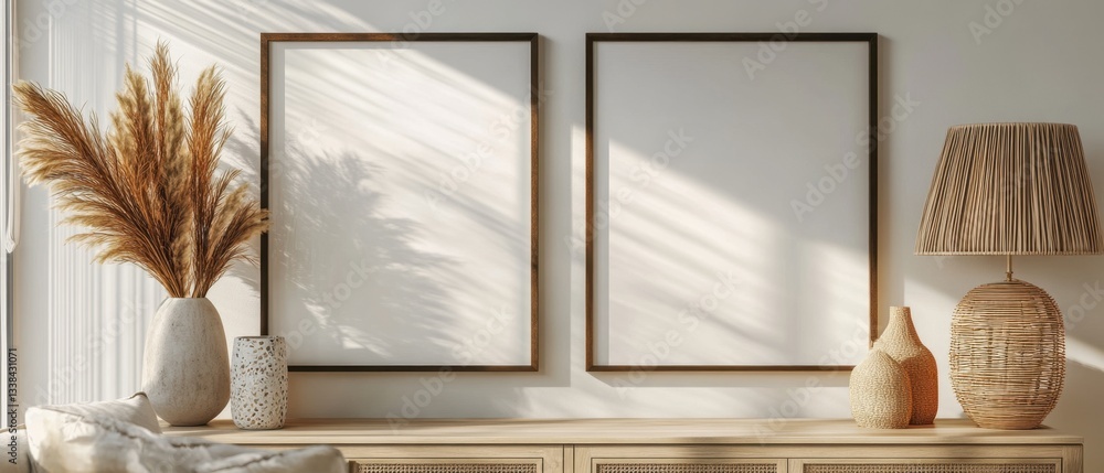 Aufkleber serene interior with pampas grass in vase and frames on wall casting soft shadows creating a peacefu