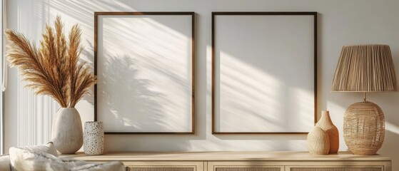 Serene interior with pampas grass in vase and frames on wall casting soft shadows creating a peaceful and inviting atmosphere in neutral tones