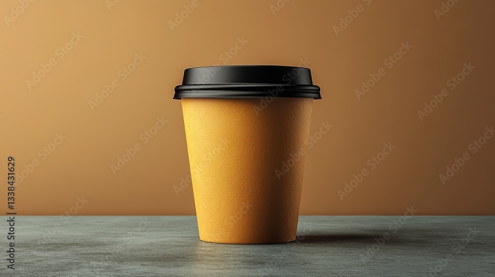 Poster a simple brown cup rests on a textured surface with a warm, muted background. soft afternoon light h