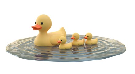 Cute Yellow Rubber Ducks Family Swimming in a Pond