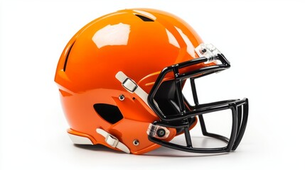 Side view of bright orange american football helmet isolated on white background, protective sports equipment used in professional and college tackle football for athlete safety and concussion prevent