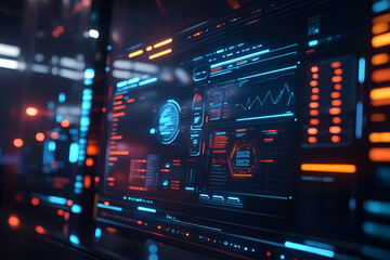 Obraz premium Futuristic Data Flow in Modern Corporate Interface with Holographic Analytics Dashboard