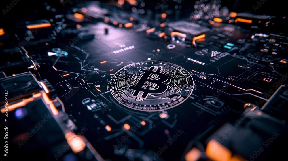 Poster futuristic bitcoin blockchain cryptocurrency mining ai technology background