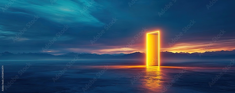 Poster negative space design abstract background idea. a glowing door in the ocean at sunset, symbolizing t