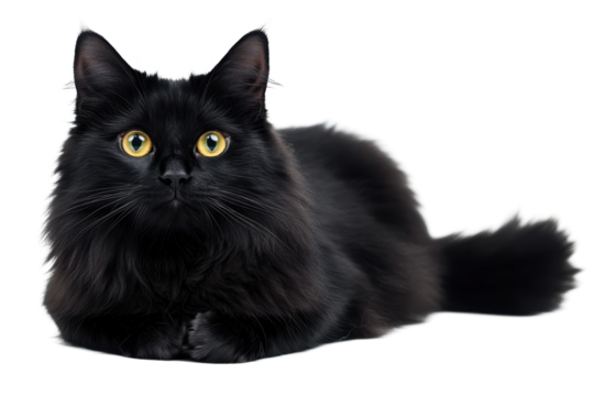 Handsome long haired black cat sitting gracefully on a soft cushion with sunlight illuminating its fur isolated on transparent background