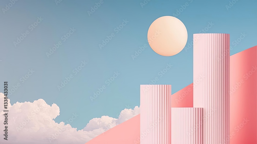 Poster surrealist art abstract background idea. abstract geometric shapes against a pastel sky with clouds 