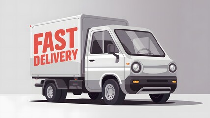Modern compact white delivery truck with the word fast delivery written in red