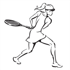 Tennis Woman Player Pose, Line Art