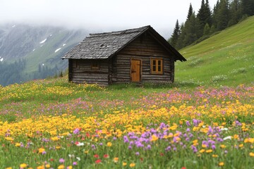 Fototapeta premium Secluded Wooden Cabin in Vibrant Alpine Wildflower Meadow