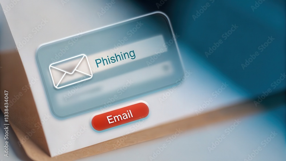 Poster phishing protection and fraud cybersecurity, a conceptual image of an email inbox featuring a flagge